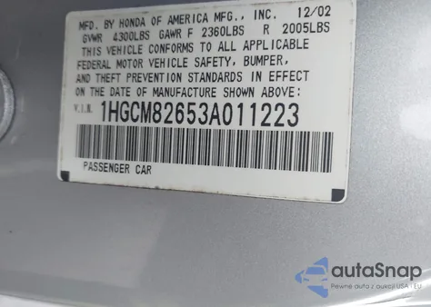 2003 Honda Accord 3.0 Ex z USA, uszkodzony, nr VIN 1HGCM82653A011223